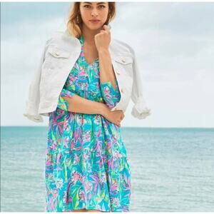 Lilly Pulitzer Alaina Formentera Dress XL Keep On Beleafing Midi Blue Floral